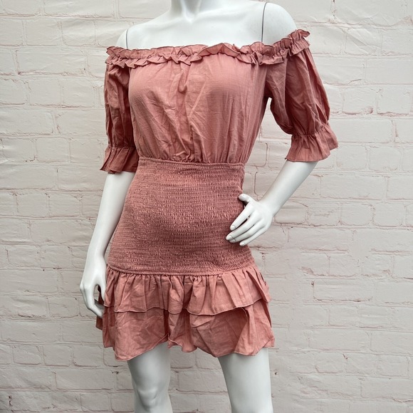 Simplee Women's shirred stretchy body, Bell sleeve Dusty Pink dress Size M - Picture 3 of 14